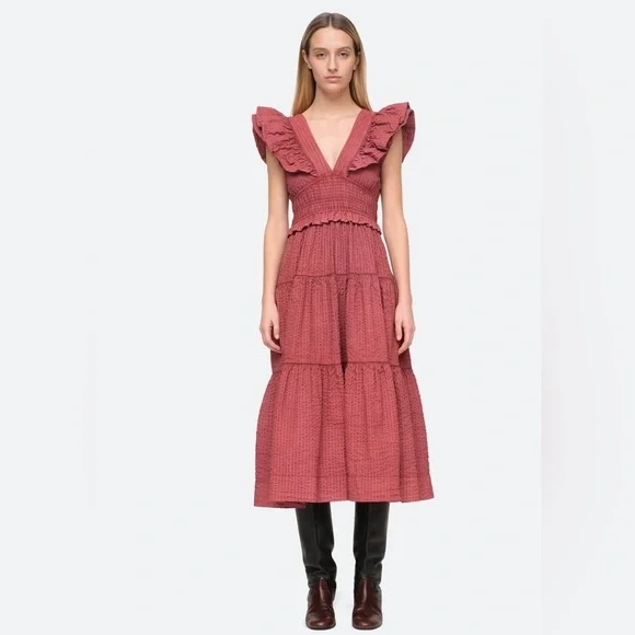 SEA Sevyn Tiered Seersucker Midi Dress sz 6 375$ NWT